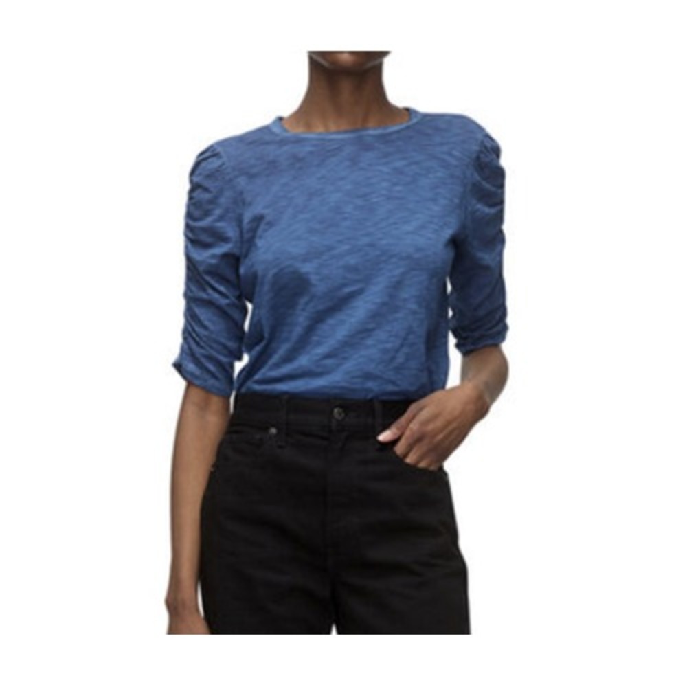 Veronica Beard T-Shirt Womens Medium Blue Pima Cotton Ruched Sleeve Capsule